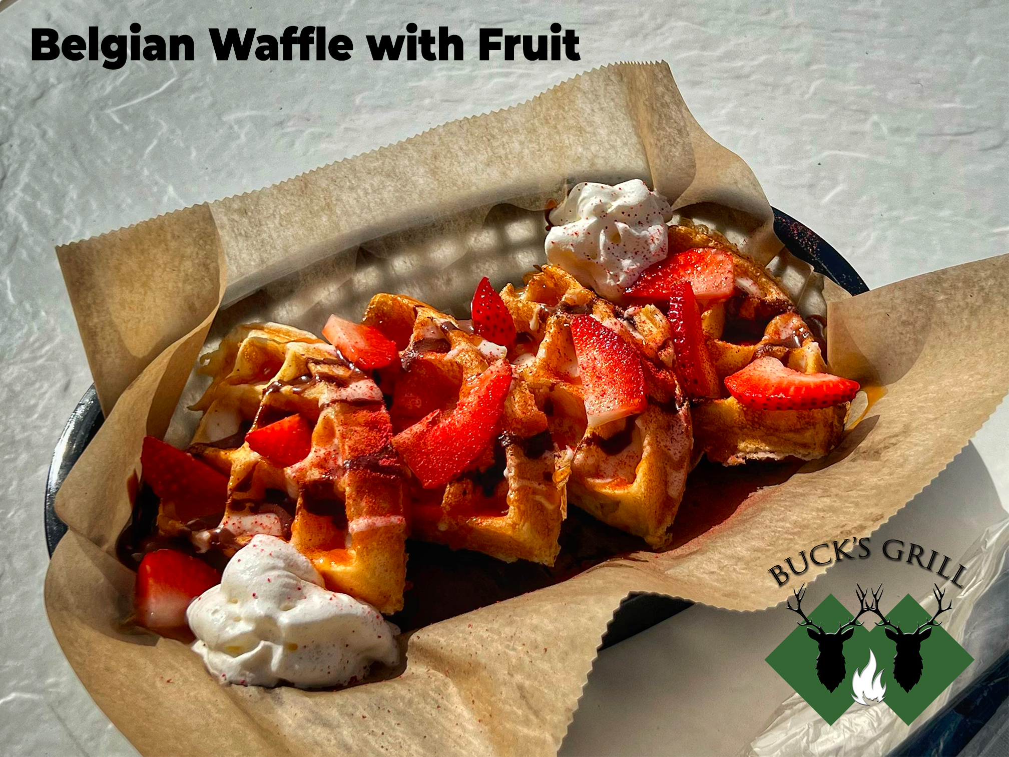 Belgian Waffle with Fruit at Bucks Grill